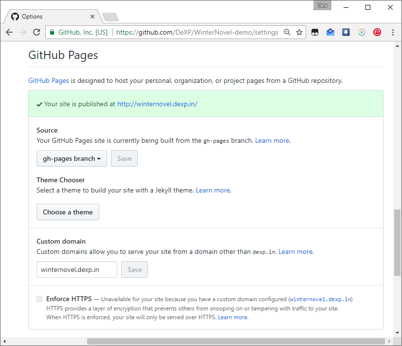 GitHub Pages options in repository settings